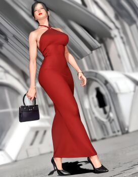 1girl bag bare_shoulders black_footwear black_hair blurry blurry_background bracelet breasts dress full_body halter_dress halterneck handbag high_heels holding holding_bag jewelry kill_the_king large_breasts lipstick long_dress looking_at_viewer makeup mature_female red_dress red_lips short_hair solo standing walking