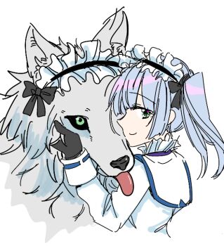 1girl blunt_bangs bow bowtie frilled_hairband frills green_eyes hairband heaven_burns_red long_sleeves sanpachishiki_(gyokusai-jima) shirt smile sugawara_chie tongue tongue_out twintails white_hair white_shirt wolf