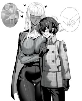 1boy 1girl blush breast_press breasts brigitta_(metaphor:_refantazio) cape censored closed_mouth colored_eyelashes commentary_request dark-skinned_female dark_skin gloves greyscale hair_between_eyes hairband heart height_difference hetero huge_breasts imagining impossible_clothes impossible_shirt jacket jamjamstyle long_hair long_sleeves looking_at_another metaphor:_refantazio mixed-language_commentary monochrome mosaic_censoring pants parted_lips protagonist_(metaphor:_refantazio) revision shirt short_hair smile speech_bubble thigh_gap thought_bubble