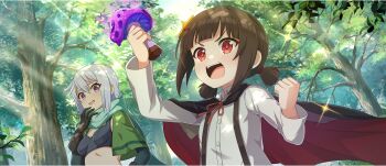 2girls :d aqua_scarf black_cloak black_gloves breasts brown_hair cape child chris_(konosuba) clenched_hand cloak collared_shirt crop_top day dress_shirt game_cg gloves green_cape grey_hair hair_between_eyes hair_ornament hair_tie hairpin hand_to_own_mouth hands_up highres holding holding_mushroom komekko kono_subarashii_sekai_ni_shukufuku_wo! konosuba!_fantastic_days light_rays long_sleeves looking_at_another multiple_girls mushroom official_art open_mouth outdoors patchwork_clothes purple_eyes red_eyes red_ribbon ribbon scarf shade shirt short_hair short_twintails side_ahoge sidelocks small_breasts smile sparkle star_(symbol) star_hair_ornament sunbeam sunlight suspenders sweatdrop teeth tree twintails upper_teeth_only v-shaped_eyebrows white_shirt