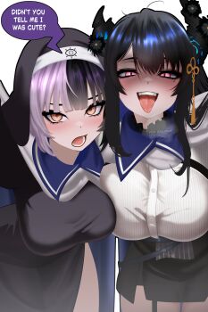 2girls absurdres asymmetrical_docking black_hair blush breast_press breasts commentary dress english_commentary enigmatic_recollection grey_hair highres hololive hololive_english large_breasts long_hair looking_at_viewer medium_breasts multicolored_hair multiple_girls n4hkz nerissa_ravencroft nun nun_headdress open_mouth pink_eyes saliva shiori_novella smile split-color_hair teeth two-tone_hair upper_teeth_only virtual_youtuber yellow_eyes
