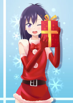 1girl bakasandess belt bow christmas dot_nose dress facing_viewer feet_out_of_frame female_focus gabriel_dropout gift highres holding holding_present medium_hair one_eye_closed open_mouth purple_eyes purple_hair santa_costume santa_dress snowflakes solo standing vignette_tsukinose_april