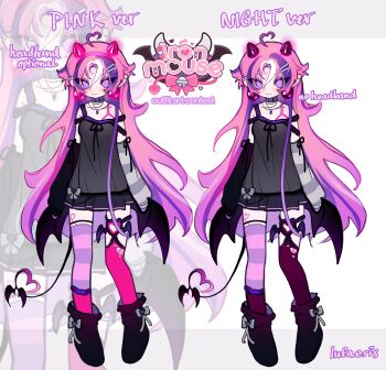 1girl :3 absurdres ahoge asymmetrical_legwear black_boots black_shirt boots bra_strap breasts closed_mouth cloud_(lufaeris) commentary demon_girl demon_horns demon_tail detached_sleeves english_commentary hair_between_eyes headband heart heart_ahoge highres horns indie_virtual_youtuber ironmouse ironmouse_outfit_art_contest long_hair looking_at_viewer mismatched_legwear multicolored_hair multiple_views pink_hair pink_headband purple_eyes purple_hair purple_skirt purple_thighhighs shirt skirt small_breasts smile streaked_hair striped_clothes striped_thighhighs tail thighhighs virtual_youtuber zoom_layer