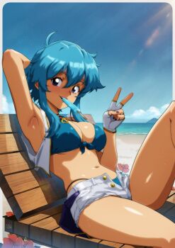 1girl absurdres ahoge arm_behind_head armpits bare_legs beach bikini bikini_bottom_under_shorts bikini_under_clothes blue_bikini blue_hair blue_sky blush breasts chair cleavage cloud commission commissioner_upload fingerless_gloves fire_emblem fire_emblem:_genealogy_of_the_holy_war flower food food_in_mouth front-tie_bikini_top front-tie_top gloves gravydood grin hair_between_eyes headband highleg highleg_bikini highres holding if_they_mated jacket jewelry looking_at_viewer lounge_chair lying medium_breasts melting melting_popsicle mouth_hold nail_polish navel necklace nintendo ocean on_back open_clothes open_fly open_jacket open_mouth original outdoors popsicle popsicle_in_mouth purple_eyes purple_nails sand selia_(mrtalkingdino) shore short_hair short_shorts shorts sideboob sidelocks skindentation sky sleeveless sleeveless_jacket smile solo stomach string_bikini swimsuit thighs tomboy underboob v water white_headband