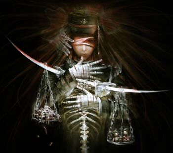 1boy arms_up bandage_over_one_eye bandaged_hand bandages black_hair bone character_doll chinese_commentary closed_mouth commentary_request corpse cowboy_shot danganronpa_(series) danganronpa_v3:_killing_harmony doll empty_eyes green_hat haidai_qingtang_(biology447) hat jacket layered_sleeves lips long_hair long_sleeves looking_down male_focus one_eye_covered pile_of_corpses ribs shinguji_korekiyo solo spiked_jacket spikes spine very_long_hair weighing_scale