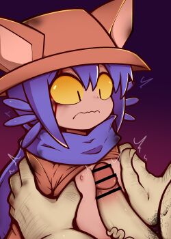 1boy ambiguous_gender animal_ear_headwear animal_ears bar_censor blue_hair blue_scarf breasts breasts_squeezed_together brown_shirt censored chain chained closed_mouth clothes_lift colored_sclera fake_animal_ears flat_chest gender_request grabbing_another&#039;s_shoulder gradient_background hair_between_eyes hat highres long_sleeves looking_at_penis male_focus male_pubic_hair naizuri nekosatsu1 niko_(oneshot) nipples nose oneshot_(game) paid_reward_available paizuri penis pubic_hair rape restrained scarf shirt shota shoulder_grab sidelocks simple_background veins veiny_penis wavy_mouth yellow_eyes yellow_sclera