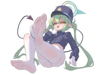 1girl ae_h1ryu black_tail blue_archive blush buttons crossed_legs demon_tail double-breasted fang feet foot_focus full_body gloves green_hair green_halo hair_between_eyes halo hand_to_own_mouth hat highres loli long_hair long_sleeves looking_at_viewer midriff no_pants no_shoes nozomi_(blue_archive) open_mouth panties pantyhose partially_shaded_face peaked_cap pointy_ears simple_background sitting skin_fang smile soles solo tail toes twintails underwear very_long_hair white_background white_gloves white_panties white_pantyhose yellow_eyes