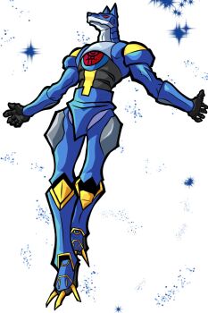 1boy android animal_ears armor artist_request digimon digimon_(creature) floating_hair full_body magnagarurumon no_humans outstretched_arms red_eyes simple_background