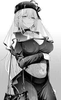 1girl bag breasts chicke_iii closed_mouth commentary dress funeral_dress funeral_veil greyscale handbag highres holding_own_arm jewelry large_breasts long_hair looking_at_viewer low_ponytail monochrome navel necklace official_alternate_costume official_alternate_hairstyle pearl_necklace ponytail rain sad see-through_clothes see-through_midriff shokuhou_misaki simple_background solo spider_web_pattern spider_web_print star-shaped_pupils star_(symbol) symbol-shaped_pupils toaru_majutsu_no_index toaru_majutsu_no_index:_genesis_testament veil very_long_hair wet wet_clothes