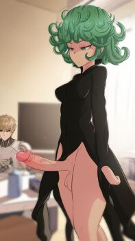 1boy 1futa alternate_breast_size arms_at_sides black_dress black_sclera blurry blurry_background bottomless bowl breasts clenched_hands colored_sclera commentary curly_hair curtains cyborg dress english_commentary expressionless futa_without_pussy futanari genos greatm8 green_eyes green_hair half-closed_eyes highres indoors large_penis long_sleeves looking_at_another looking_down no_panties one-punch_man pelvic_curtain penis photoshop_(medium) precum short_hair sitting small_breasts solo_focus source_filmmaker_(medium) standing sweat table tatsumaki television testicles v-shaped_eyebrows window yellow_eyes