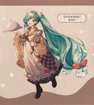 1girl :d absurdres apron blush boots brown_background brown_boots brown_kimono character_name commentary_request full_body green_eyes green_hair hatsune_miku highres holding holding_menu holding_tray japanese_clothes kimono lace-up_boots long_hair long_sleeves looking_at_viewer menu open_mouth sazanami_(ripple1996) smile solo standing tray twintails very_long_hair vocaloid white_apron wide_sleeves yuki_miku yuki_miku_(2024)
