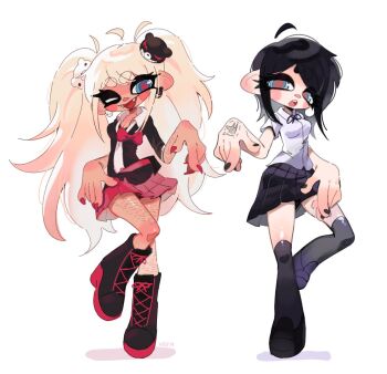 2girls bandaid bandaid_on_knee bandaid_on_leg bear_earrings bear_hair_ornament black_hair black_nails blonde_hair blush boots bow bowtie danganronpa:_trigger_happy_havoc danganronpa_(series) enoshima_junko fangs fingernails hair_ornament hand_tattoo ikusaba_mukuro inkling_girl inkling_player_character long_fingernails multiple_girls nintendo one_eye_closed parody red_nails red_skirt self-harm_scar short_hair siblings sisters skirt splatoon_(series) style_parody tan tattoo twins twintails veemeowr