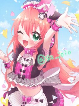 Rule 34 | 1girl, ahoge, aqua eyes, arm up, black choker, black shirt, black skirt, bow, choker, copyright notice, hair between eyes, hair bow, hair ornament, headphones, highres, hikari riria, indie virtual youtuber, jacket bow, long hair, midriff, multicolored shirt, official art, one eye closed, open mouth, pink bow, pink hair, pink petals, pink shirt, sa ioio, shirt, skirt, solo, star (symbol), twitter username, virtual youtuber, white shirt, yellow petals