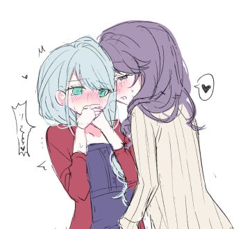 2girls aqua_eyes asahina_mafuyu&#039;s_mother blush breath cheating_(relationship) clothed_sex commentary_request covering_own_mouth fanged_bangs flat_color grey_hair half-closed_eyes hands_up heart highres implied_fingering jacket long_hair low_side_ponytail mizu_non_(non) multiple_girls nose_blush open_clothes open_jacket out-of-frame_censoring petite profile project_sekai purple_eyes purple_hair purple_shirt raised_inner_eyebrows red_jacket ribbed_sweater shirt simple_background sketch spoken_heart sweatdrop sweater twitching whispering_in_ear white_background white_sweater yoisaki_kanade&#039;s_mother yuri