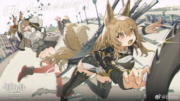 4girls animal_ears arknights beagle_(arknights) black_jacket black_skirt boots brown_hair caper_(arknights) ceobe_(arknights) city copyright_notice falling fox_ears happy_anniversary highres jacket kroos_(arknights) lace-up_boots lamppost multiple_girls official_art outdoors pink_eyes pleated_skirt railing road shirt skirt street usu_(9619usu) watermark weibo_username weibo_watermark white_shirt