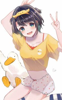 1girl :d absurdres arms_up artist_name bird black_hair black_socks bloomers blue_eyes bra bra_peek breasts cropped_shirt duck emutakanoe feet_out_of_frame hairband highres hololive large_breasts looking_at_viewer loose_socks loungewear midriff navel oozora_subaru oozora_subaru_(loungewear) open_mouth orange_bra polka_dot shirt short_hair short_sleeves signature simple_background sitting smile socks solo striped_clothes striped_socks two_side_up underwear v virtual_youtuber white_background white_bloomers yellow_hairband yellow_shirt yokozuwari