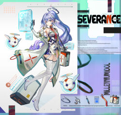 Rule 34 | 1girl, :o, absurdres, alternate costume, aqua eyes, boots, coat, collar, commentary request, dress, drone, earrings, english text, first aid kit, full body, gloves, halo, hand up, head wings, highres, holographic interface, honkai: star rail, honkai (series), jewelry, long hair, looking at viewer, necktie, open mouth, ponytail, purple hair, red necktie, robin (honkai: star rail), science fiction, sleeveless, sleeveless dress, solo, thigh boots, uli (bredkgod), very long hair, white coat, white collar, white dress, white footwear, white gloves, wings