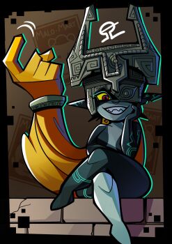 Rule 34 | 1girl, alvh omega, black skin, colored skin, commentary, crossed legs, english commentary, full body, grin, helmet, highres, imp, long hair, looking at viewer, midna, multicolored skin, nintendo, one eye covered, pointy ears, poster (object), red eyes, red hair, signature, sitting, smile, solo, teeth, the legend of zelda, the legend of zelda: twilight princess, two-tone skin, white skin