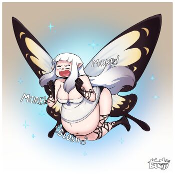 1girl airy_(bravely_default) artist_logo artist_name belly big_belly bloated bravely_default_(series) breasts commentary english_commentary english_text fat fat_woman highres large_breasts logo long_hair navel open_mouth pointy_ears solo tsukijitums very_long_hair white_hair