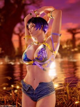 1girl 3d bikini bikini_top_only breasts cleavage cosplay cover denim denim_shorts female_focus game_screenshot highres large_breasts miary_zo miary_zo_(cosplay) mod multicolored_bikini multicolored_bikini_top namco navel purple_hair reina_(tekken) short_hair short_shorts shorts solo swimsuit tekken tekken_8 video_game_cover