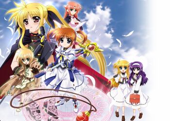 Rule 34 | 1boy, 5girls, animal ears, arf, arisa bunnings, axe, backpack, bag, bardiche (device form) (nanoha), bardiche (nanoha), black cape, black gloves, black leotard, blonde hair, blue eyes, breasts, brown cloak, brown hair, brown shorts, cape, cleavage, cloak, closed mouth, collared dress, commentary, dress, fate testarossa, fate testarossa (movie 1st form), feathers, fingerless gloves, full body, gloves, green eyes, hairband, higa yukari, highres, holding, holding axe, holding staff, leotard, looking at viewer, lyrical nanoha, mage staff, magic circle, mahou shoujo lyrical nanoha, mahou shoujo lyrical nanoha the movie 1st, multiple girls, on magic circle, one side up, open mouth, orange hair, parted lips, purple hair, raising heart, raising heart (device mode) (1st), randoseru, red cape, red eyes, sailor collar, school uniform, seishou elementary school uniform, serafuku, short hair, shorts, sky, staff, standing, standing on magic circle, takamachi nanoha, takamachi nanoha (movie 1st mode), tsukimura suzuka, two-sided cape, two-sided fabric, watermark, waving, white dress, white hairband, white sailor collar, white serafuku, wolf ears, yuuno scrya