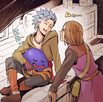 Rule 34 | 2boys, bead necklace, beads, black shirt, brown gloves, brown hair, brown jacket, brown shoes, camus (dq11), closed eyes, crate, dq nikiri, dragon quest, dragon quest xi, drooling, earrings, fingerless gloves, furrowed brow, gloves, grey hair, grey pants, healslime, hero (dq11), hood, hood down, hooded jacket, hoop earrings, jacket, jewelry, looking at another, male focus, mouth drool, multiple boys, necklace, open mouth, pants, parted bangs, purple tunic, shirt, shoes, short hair, sitting, sleeping, smile, tunic, upper body, zzz