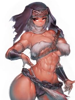 1girl abs armlet armor bracer breasts brown_eyes chain chain_belt cropped_legs dark-skinned_female dark_skin elden_ring fromsoftware fumio_(rsqkr) fur_bra fur_trim gauntlets grey_hair highres jewelry large_breasts muscular muscular_female nepheli_loux revealing_clothes rope short_hair shoulder_armor thick_thighs thighs vambraces white_background