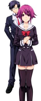 1boy 1girl black_jacket black_pants black_pantyhose blue-framed_eyewear blue_eyes blue_hair blue_jacket blue_pants bow breasts buttons chaos;child chest_bow collarbone collared_shirt cropped_jacket double-breasted dress dress_shirt dress_vest hekiho_academy_school_uniform highres ikuhashi_muiko jacket lapels long_sleeves looking_at_viewer miniskirt miyashiro_takuru necktie notched_lapels onoe_serika open_collar own_hands_together pants pantyhose pink_eyes pink_hair red_bow red_necktie sailor_collar school_uniform science_adventure shirt short_dress skirt small_breasts smile white_background white_sailor_collar white_shirt