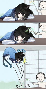 1girl 2others animal_ears black_choker black_hair blue_archive blue_haori blue_sailor_collar blue_serafuku blush cat_ears cat_girl cat_tail catnip choker closed_eyes grey_eyes hair_between_eyes haori holding_cat_teaser indoors japanese_clothes jumping kikyou_(blue_archive) medium_hair multiple_others open_mouth pizza_(pizzania_company) sailor_collar school_uniform serafuku shirt sidelocks sleeping sleeping_on_desk socks string_choker surprised tail waking_up white_shirt white_socks
