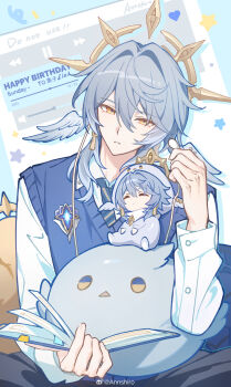 Rule 34 | 1boy, annshiro76, blue hair, blue sweater vest, book, brooch, character doll, chinese commentary, collared shirt, commentary request, doll, earbuds, earphones, earrings, feathered wings, hair between eyes, halo, halo behind head, happy birthday, head tilt, head wings, highres, holding, holding book, holding earbud, honkai: star rail, honkai (series), indian style, jewelry, long hair, long sleeves, male focus, necktie, open book, piercing, school uniform, shirt, sitting, solo, sunday (brilliant youth) (honkai: star rail), sunday (honkai: star rail), sweater vest, white shirt, wing piercing, wings, yellow eyes