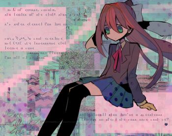 1girl arms_at_sides bad_id bad_pixiv_id bags_under_eyes black_thighhighs blue_skirt bow brown_hair closed_mouth doki_doki_literature_club glitch green_eyes grey_jacket hair_between_eyes hair_bow heart jacket long_hair long_sleeves monika_(doki_doki_literature_club) neck_ribbon pink_ribbon pleated_skirt ponytail ribbon school_uniform sitting skirt solo soumenhiyamugi static thighhighs very_long_hair white_bow