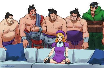 Rule 34 | 1girl, 5boys, akatsuki-maru, big belly, black hair, blonde hair, buriki one, capcom, couch, crossover, e. honda, facepaint, ganryu (tekken), hair bun, headband, highres, isurugi gan, justice gakuen, looking at another, looking at viewer, mawashi, meme, multiple boys, multiple crossover, namco, pectorals, piper perri surrounded (meme), sash, scar, scar on face, scar on forehead, sega, shijou hinako, single hair bun, smile, snk, street fighter, street fighter 6, sumo, taka-arashi, tekken, the king of fighters, the king of fighters xv, topknot, topless male, trait connection, virtua fighter, wallace pires