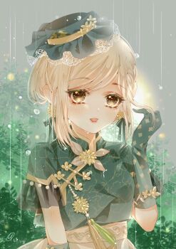 1girl absurdres adjusting_hair aqua_bow aqua_gloves aqua_hat aqua_shirt backlighting bow bow_earrings bracelet braid brooch brown_eyes bush chinese_clothes collared_shirt commentary_request day dot_nose dress earrings eyelashes floral_print flower flower_bracelet flower_brooch flower_button flower_earrings frilled_headwear frilled_sleeves frills gloves grey_sky happy hat hat_flower high-waist_skirt highres jewelry lace-trimmed_headwear lace_trim light_blush light_particles lipstick makeup mandarin_collar mini_hat muriel_miaoke nikki_(series) open_mouth osmanthus osmanthus_dew_(shining_nikki) outdoors pink_lips print_dress print_gloves rain shining_nikki shirt short_sleeves single_braid skirt sky smile solo swept_bangs tassel teeth upper_body upper_teeth_only water_drop yellow_flower yellow_skirt