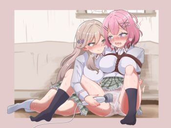 Rule 34 | 2girls, amaori renako, ashigaya high school uniform, bdsm, black socks, bondage, border, bound, breasts, brown eyes, brown hair, closed mouth, collared shirt, commentary request, female focus, green skirt, gyaburari, highres, hitachi magic wand, indoors, large breasts, long hair, medium hair, multiple girls, on floor, open mouth, outside border, panties, pink border, pink hair, plaid clothes, plaid skirt, pleated skirt, purple eyes, rope, saliva, school uniform, sena ajisai, sex toy, shibari, shibari over clothes, shirt, skirt, smile, socks, sweat, tears, underwear, vibrator, watashi ga koibito ni nareru wake naijan murimuri!, white panties, white shirt, white socks, yuri