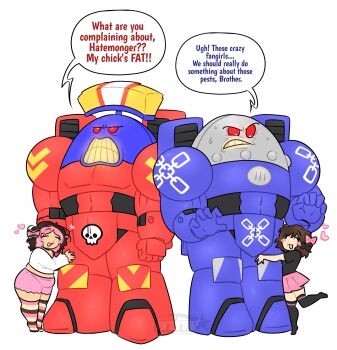 2boys 2girls :3 absurdres armor artist_self-insert belly black_shirt black_thighhighs blush brown_hair captain_(space_king) chain_print clenched_teeth closed_eyes english_text hatemonger_(space_king) heart highres hugging_another&#039;s_leg leg_up midriff miiradrawz multicolored_hair multiple_boys multiple_girls open_mouth pink_hair pink_shorts pink_skirt plump power_armor red_eyes shirt shorts simple_background skirt skull_print smile space_king speech_bubble standing standing_on_one_leg striped_clothes striped_thighhighs teeth thighhighs two-tone_hair white_background white_shirt zettai_ryouiki