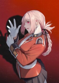 1girl belt black_skirt braid braided_ponytail breasts buttons commentary_request fate/grand_order fate_(series) florence_nightingale_(fate) folded_ponytail gloves jacket large_breasts long_hair long_sleeves looking_at_viewer nakaga_eri open_mouth pink_hair pleated_skirt red_eyes red_jacket skirt solo white_gloves