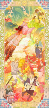 Rule 34 | 2girls, 3boys, :d, absurdres, armor, arms at sides, bare shoulders, beard, belt, black eyes, black hair, black hat, black pants, blonde hair, blue capelet, blue jacket, blue robe, book, book holster, boots, border, braid, breastplate, bright pupils, brown belt, brown boots, brown gloves, brown hair, brown pantyhose, brown sandals, brown tunic, building, capelet, cat, chilchuck tims, chinese commentary, choker, closed eyes, commentary request, curtained hair, dragon, dungeon meshi, dwarf, eastern dragon, elf, facial hair, fake horns, falin touden, falin touden (tallman), fingerless gloves, fish (food), fold-over boots, food, food-themed background, food on face, food request, fruit, full body, gloves, grapes, greaves, green border, green eyes, green scarf, half up braid, halfling, hat, helmet, highres, holding, holding skewer, holding staff, holding tray, hood, hooded capelet, horned helmet, horns, izutsumi, jacket, laios touden, leather armor, lion, long beard, long hair, long sleeves, marcille donato, meat, multiple boys, multiple girls, muscular, muscular male, mushroom, mustache, octopus, open clothes, open jacket, open mouth, ornate border, oversized food, oversized object, pants, pantyhose, parted bangs, pauldrons, plate armor, pointy ears, poleyn, reaching, red choker, red nose, robe, sandals, sashimi, sausage, scarf, senshi (dungeon meshi), serving dome, sheath, sheathed, short hair, shoulder armor, shrimp, side braids, sitting, skewer, sleeveless tunic, smile, spring onion, staff, standing, sweatdrop, sword, thick mustache, tower, tray, tunic, undercut, vambraces, walking mushroom (dungeon meshi), watermark, weapon, weibo watermark, white pants, white pupils, white tunic, winged animal, winged lion (dungeon meshi), yellow eyes, zhong zhe zi