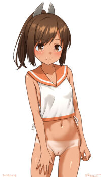1girl bare_shoulders bottomless brown_eyes brown_hair cleft_of_venus closed_mouth collarbone commentary_request cowboy_shot dark-skinned_female dark_skin dated gluteal_fold i-401_(kancolle) kantai_collection medium_hair navel one-hour_drawing_challenge orange_sailor_collar parted_bangs ponytail pussy ray.s sailor_collar school_swimsuit short_ponytail side-tie_shirt simple_background smile solo swimsuit tan tanline twitter_username white_background