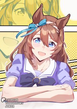 1girl animal_ears blue_bow blue_eyes blush bow bowtie braid breasts brown_hair collarbone commentary crossed_arms ear_bow hair_between_eyes highres horse_ears horse_girl large_breasts long_hair looking_at_viewer multicolored_hair open_mouth puffy_short_sleeves puffy_sleeves purple_bow purple_bowtie purple_shirt sailor_collar sailor_shirt school_uniform shirt short_sleeves smile streaked_hair super_creek_(umamusume) tomorrowsjoker tracen_school_uniform umamusume white_hair white_sailor_collar zoom_layer