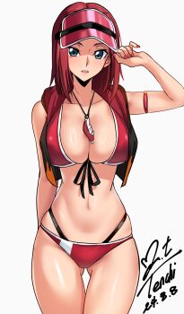 1girl absurdres artist_name ass bikini blue_eyes bob_cut breasts cleavage code_geass code_geass:_lost_stories dated front-tie_bikini_top front-tie_top gluteal_fold green_eyes hat highres kouzuki_kallen large_breasts multi-strapped_bikini_bottom red_bikini red_hair red_hat red_vest short_hair signature solo swimsuit vest visor_cap yoo_tenchi