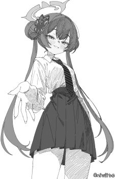 1girl blue_archive double_bun greyscale hair_bun kisaki_(blue_archive) monochrome necktie niwlite reaching reaching_towards_viewer school_uniform skirt solo standing twintails