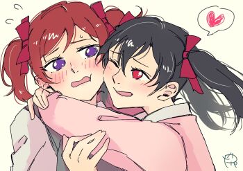 2girls blush borrowed_hairstyle bow cheek-to-cheek commentary_request flying_sweatdrops hair_bow heads_together heart highres love_live! love_live!_school_idol_project multiple_girls nishikino_maki one_eye_closed otonokizaka_school_uniform pink_sweater purple_eyes red_bow red_hair school_uniform spoken_heart surfacedxxc sweater twintails yazawa_nico yellow_background yuri