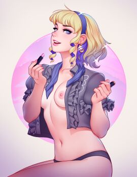 1girl black_panties blonde_hair blue_hairband breasts collarbone commentary constance_von_nuvelle cosmetics cropped_jacket earrings english_commentary fire_emblem fire_emblem:_three_houses frilled_jacket frills from_side grey_background grey_jacket hairband hands_up highres holding holding_lipstick_tube jacket jewelry lips lipstick_tube looking_at_viewer medium_breasts navel nintendo nipples no_bra no_shirt open_clothes open_jacket panties pink_background purple_eyes short_hair sitting solo stomach teeth tsuaii underwear upper_teeth_only