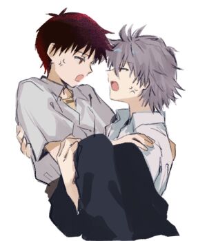Rule 34 | 2boys, anger vein, black pants, brown eyes, carrying, collared shirt, commentary request, eye contact, feet out of frame, highres, ikari shinji, looking at another, male focus, multiple boys, nagisa kaworu, neon genesis evangelion, open mouth, pants, princess carry, red eyes, shirt, short hair, simple background, undershirt, white background, white shirt, yaoi, yorumi1117
