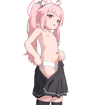 1girl absurdres ahoge asymmetrical_hair black_skirt black_thighhighs blue_archive bow bow_panties breasts collarbone commentary cowboy_shot female_focus from_side halo highres loli looking_at_viewer miniskirt natsu_(blue_archive) navel nipples onion_(tamanegi) open_clothes open_skirt paid_reward_available panties parted_lips pink_bow pink_eyes pink_hair pink_halo pleated_skirt side_ponytail simple_background skirt small_breasts solo standing teeth thighhighs topless_female underwear undressing upper_teeth_only variant_set white_background white_panties