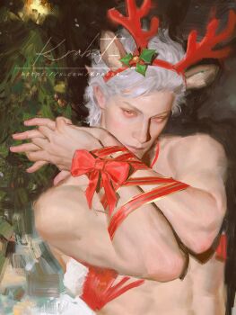 animal_ear_hairband animal_ears astarion bound bound_wrists christmas_tree dungeons_&amp;_dragons fake_animal_ears hairband krabat male_focus orange_eyes pointy_ears upper_body white_hair