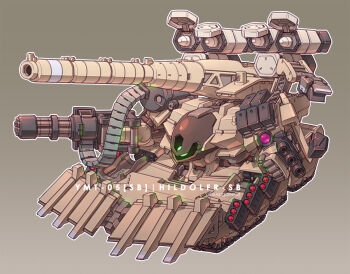 arm_mounted_weapon brown_background caterpillar_tracks chain_gun character_name clenched_hand commentary_request glowing glowing_eye green_eyes gundam gundam_0083 hildolfr hildolfr_kai mecha military_vehicle missile_pod motor_vehicle no_humans one-eyed robot science_fiction simple_background susagane tank vehicle_focus