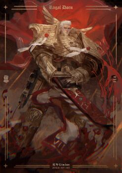 Rule 34 | 1boy, absurdres, armor, artist name, blood, blurry, bolter, breastplate, cape, chainsword, character name, chromatic aberration, couter, cuirass, dated, depth of field, full armor, gauntlets, ginias, glitter, gold border, greaves, grey eyes, highres, imperial fists, leg armor, male focus, motion blur, pauldrons, poleyn, power armor, primarch, purity seal, rerebrace, revision, rogal dorn, roman numeral, shoulder armor, solo, star (symbol), storm's teeth, warhammer 40k, weapon, white hair