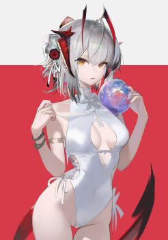 Rule 34 | 1girl, absurdres, alternate costume, arknights, breasts, demon girl, demon horns, demon tail, flower, grey hair, hair flower, hair ornament, hashtag-only commentary, highleg, highleg one-piece swimsuit, highres, holding, horns, ligod, looking at viewer, medium breasts, one-piece swimsuit, red background, short hair, simple background, solo, swimsuit, tail, w (arknights), white one-piece swimsuit, yellow eyes