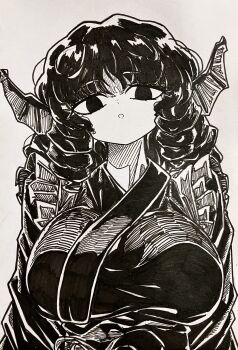 1girl :o breasts commentary drill_hair fins frilled_kimono frills grey_background greyscale hatching_(texture) head_fins highres japanese_clothes kimono large_breasts layered_kimono looking_at_viewer mermaid monochrome monster_girl open_mouth short_hair simple_background solo tanishi_(agaribito_snail) touhou twin_drills upper_body wakasagihime